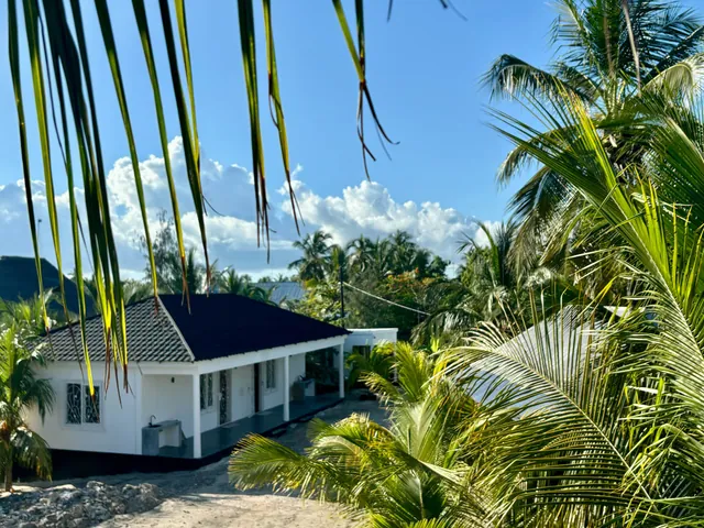 Double bungalow from outside, framed by palm fronds