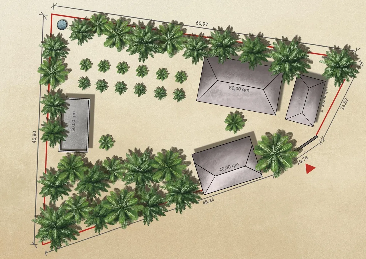 Site plan of Uhuru Kijiji: house, double bungalows, open living space and garden on the property in Bwejuu
